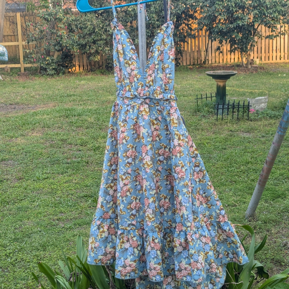 SHEIN Blue Floral High-Low V-Neck Sundress